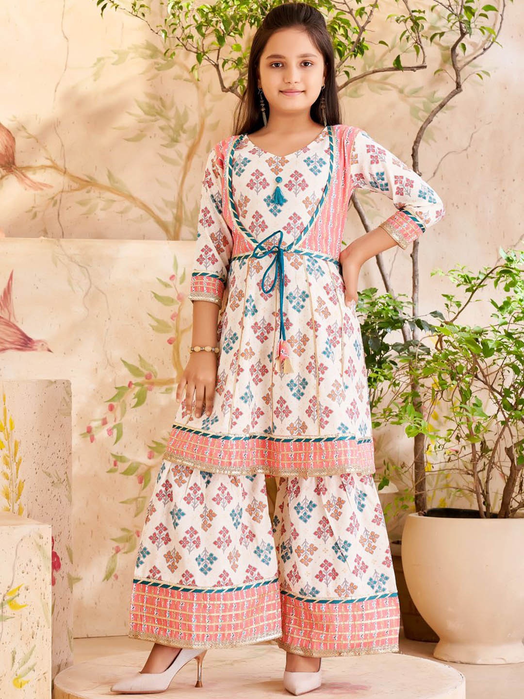 

BAESD Girls Floral Printed Gotta Patti Pure Cotton Straight Kurta With Sharara, Peach