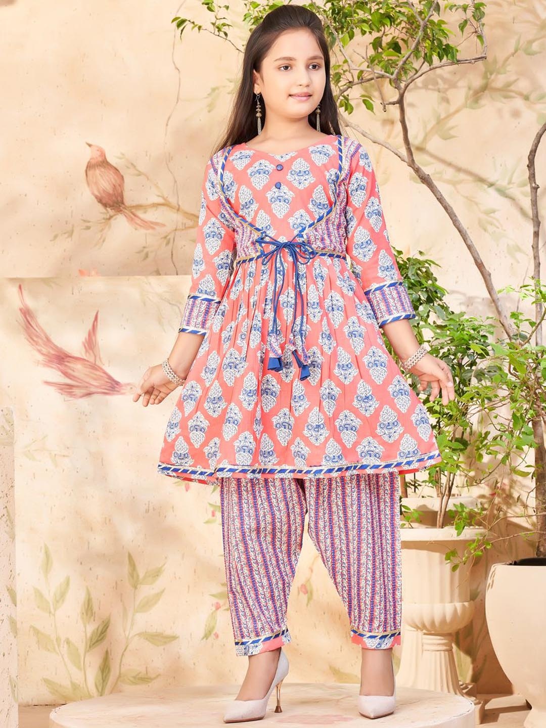 

BAESD Girls Floral Printed Gotta Patti Pure Cotton A-Line Kurta With Patiala, Peach