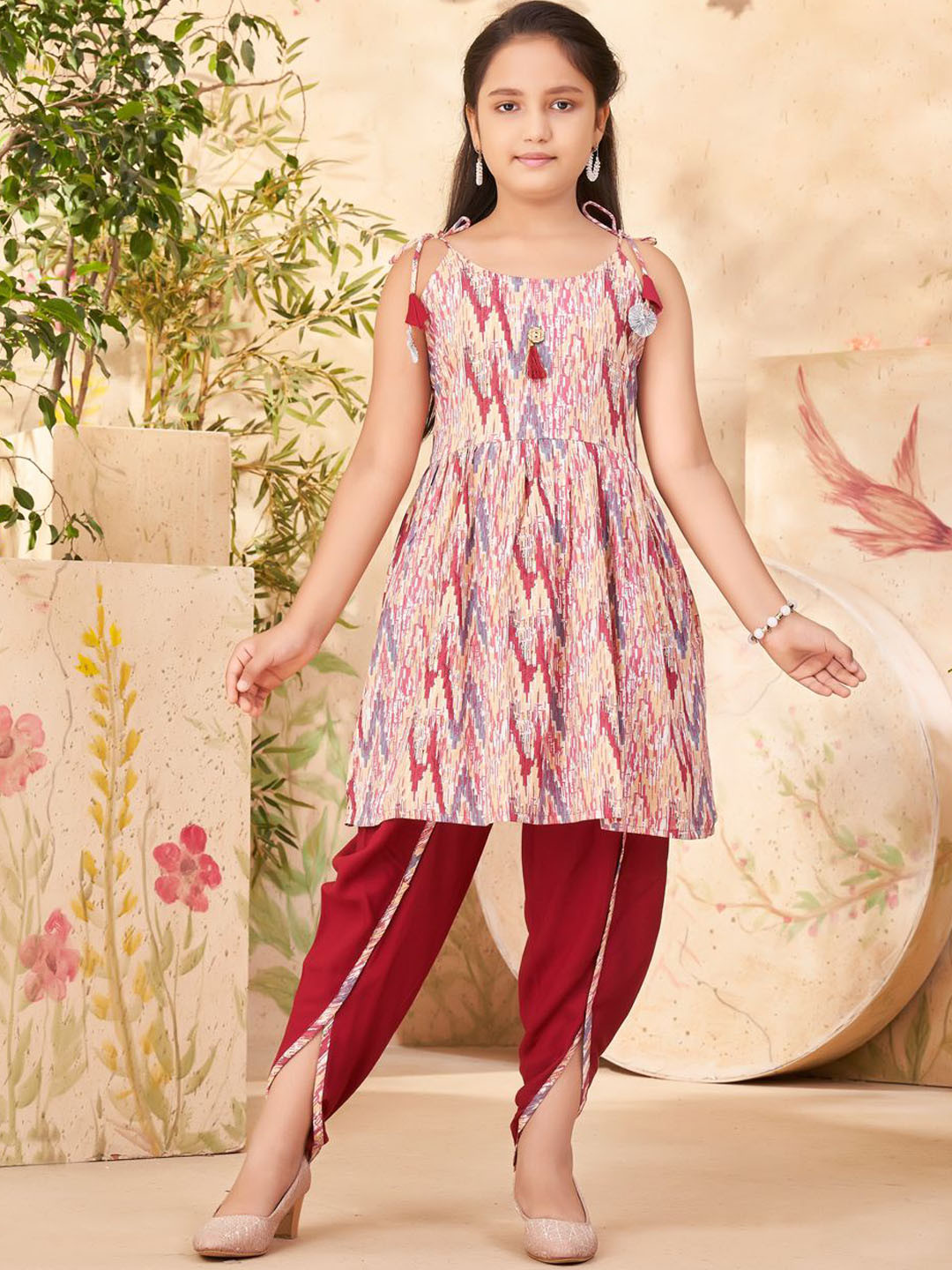 

BAESD Girls Abstract Printed Pure Cotton A-Line Kurta With Patiala, Maroon