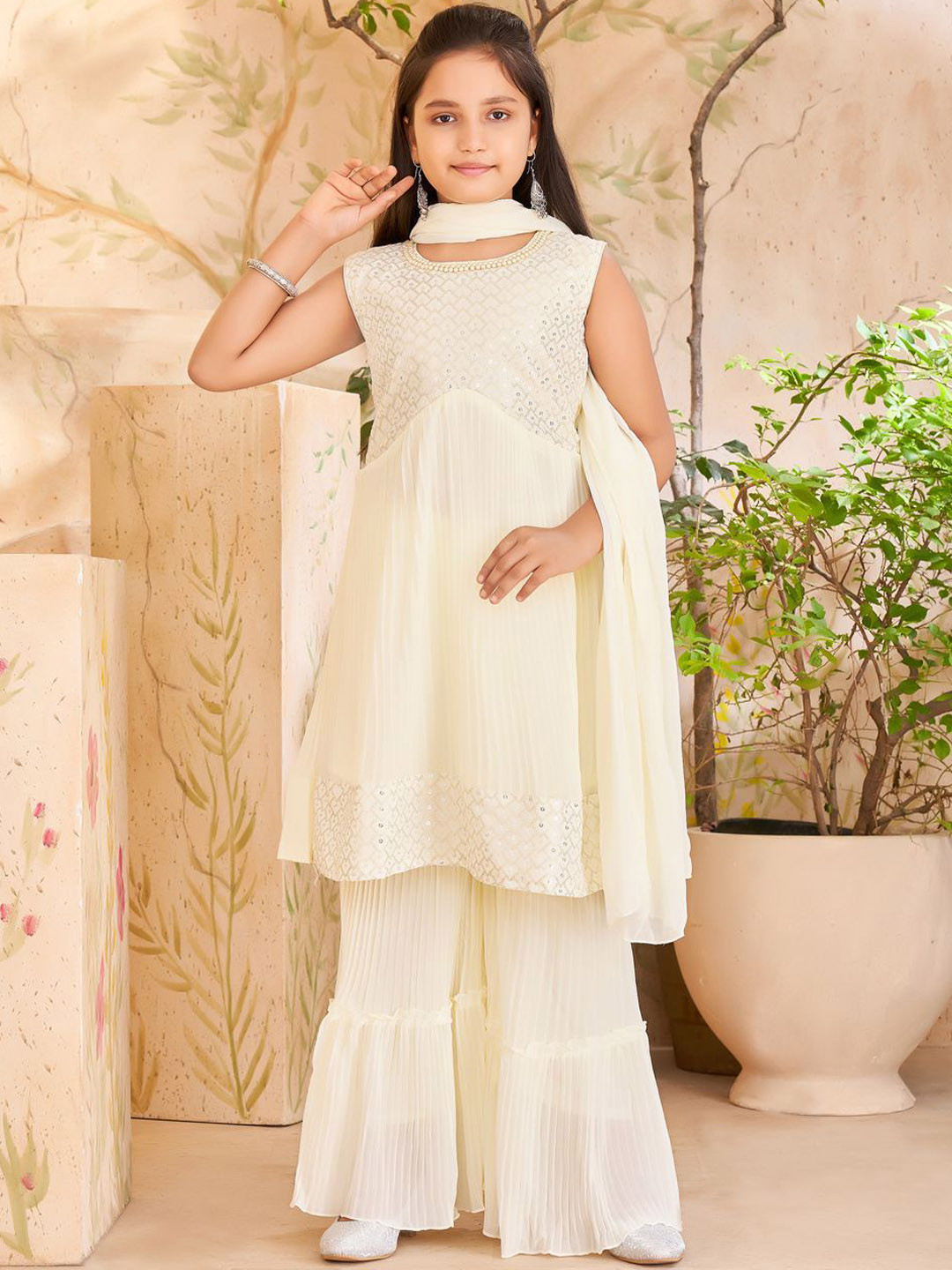 

BAESD Girls Geometric Embroidered Pleated Sequinned A-Line Kurta with Sharara & Dupatta, Cream