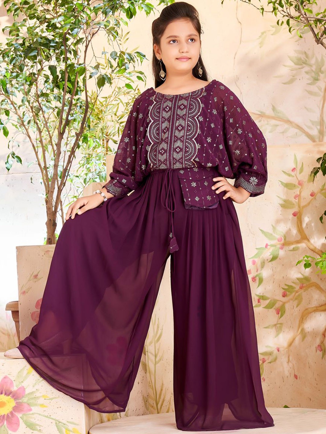

BAESD Girls Ethnic Motifs Printed Angrakha Gotta Patti Kurta With Skirt, Green