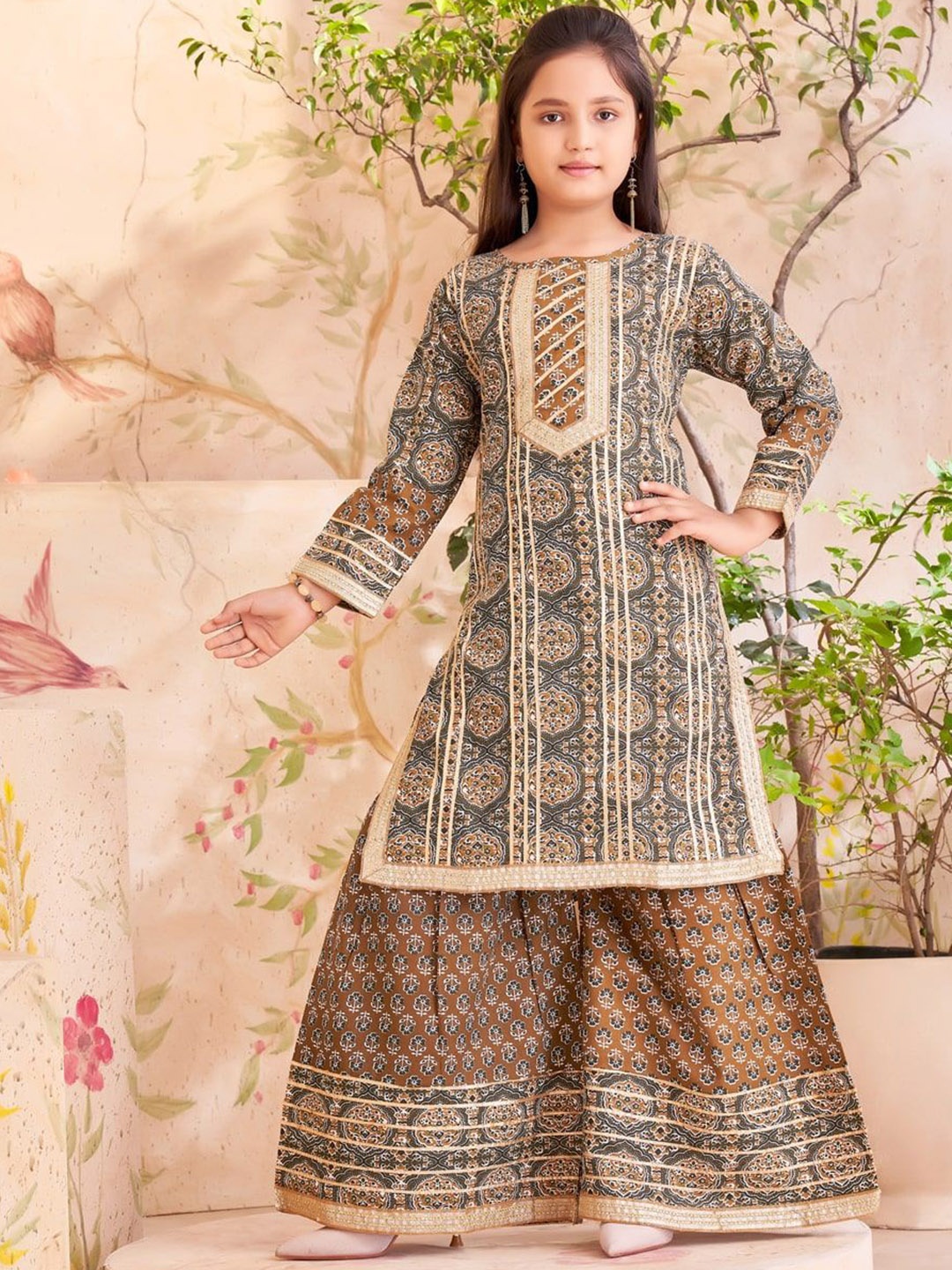 

BAESD Girls Ethnic Motifs Printed Gotta Patti Pure Cotton Straight Kurta With Sharara, Brown