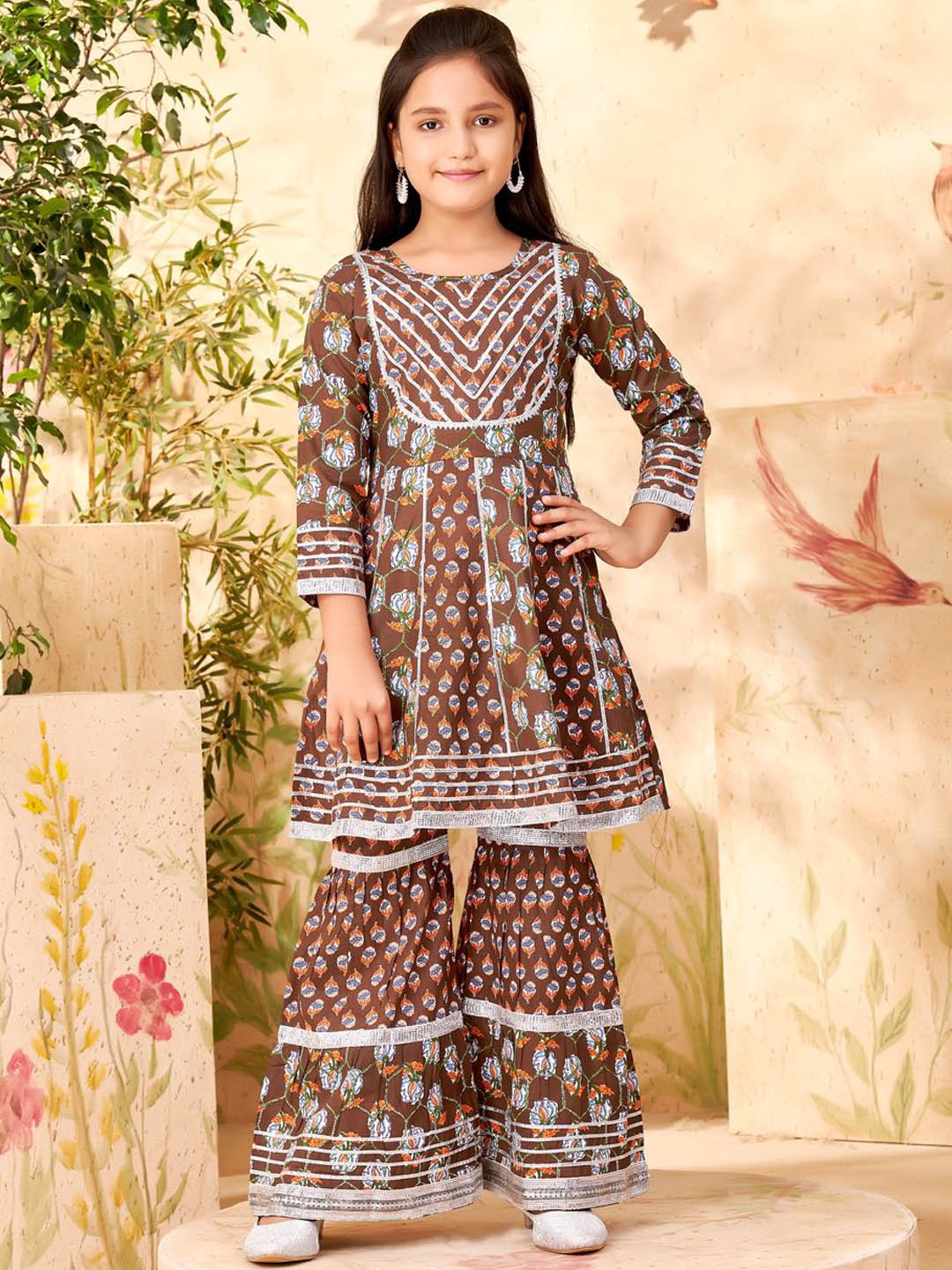 

BAESD Girls Floral Printed Pleated Gotta Patti Pure Cotton A-Line Kurta with Sharara, Brown