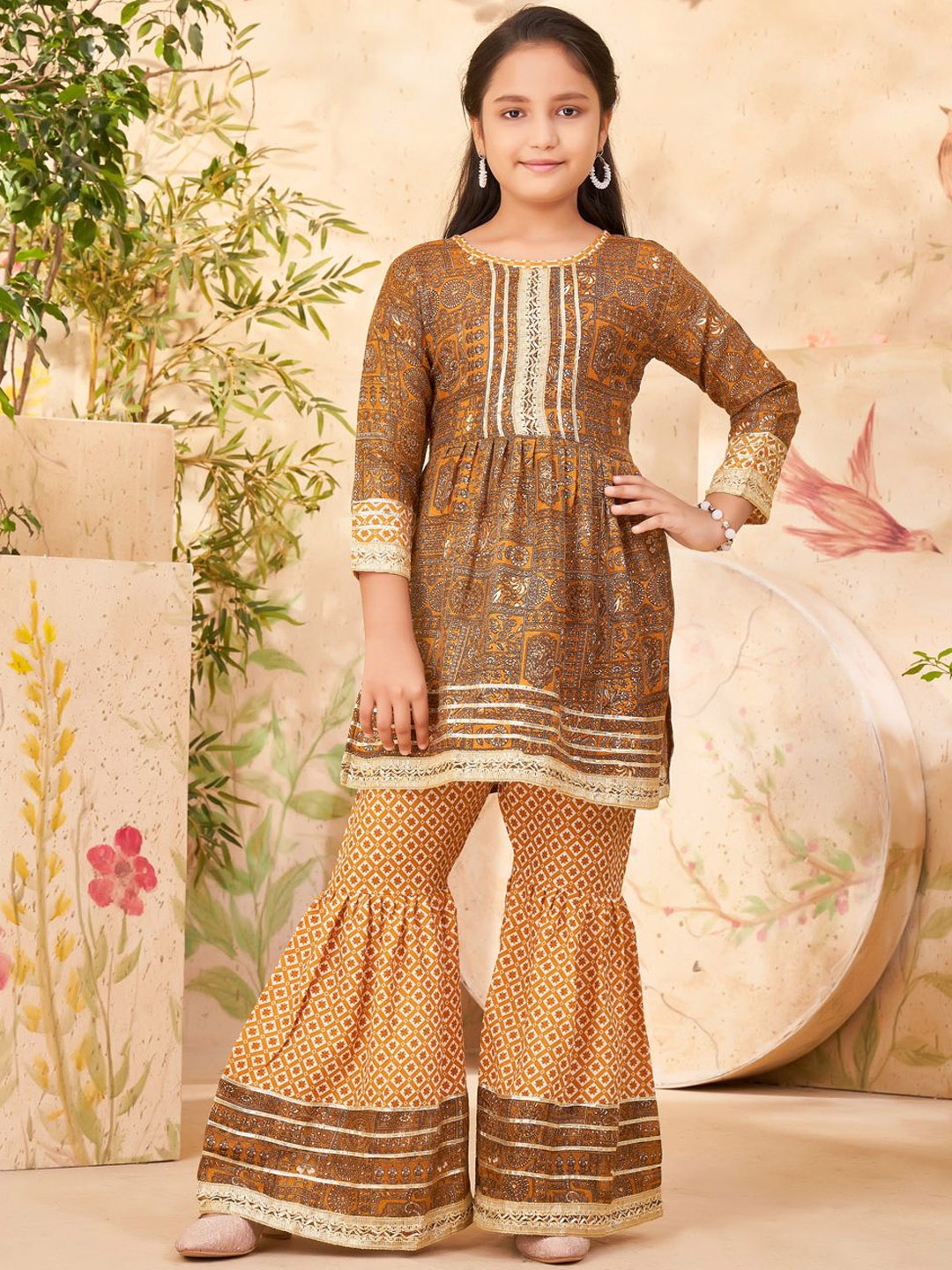 

BAESD Girls Ethnic Motifs Embroidered Pleated Thread Work A-Line Kurta With Sharara, Mustard