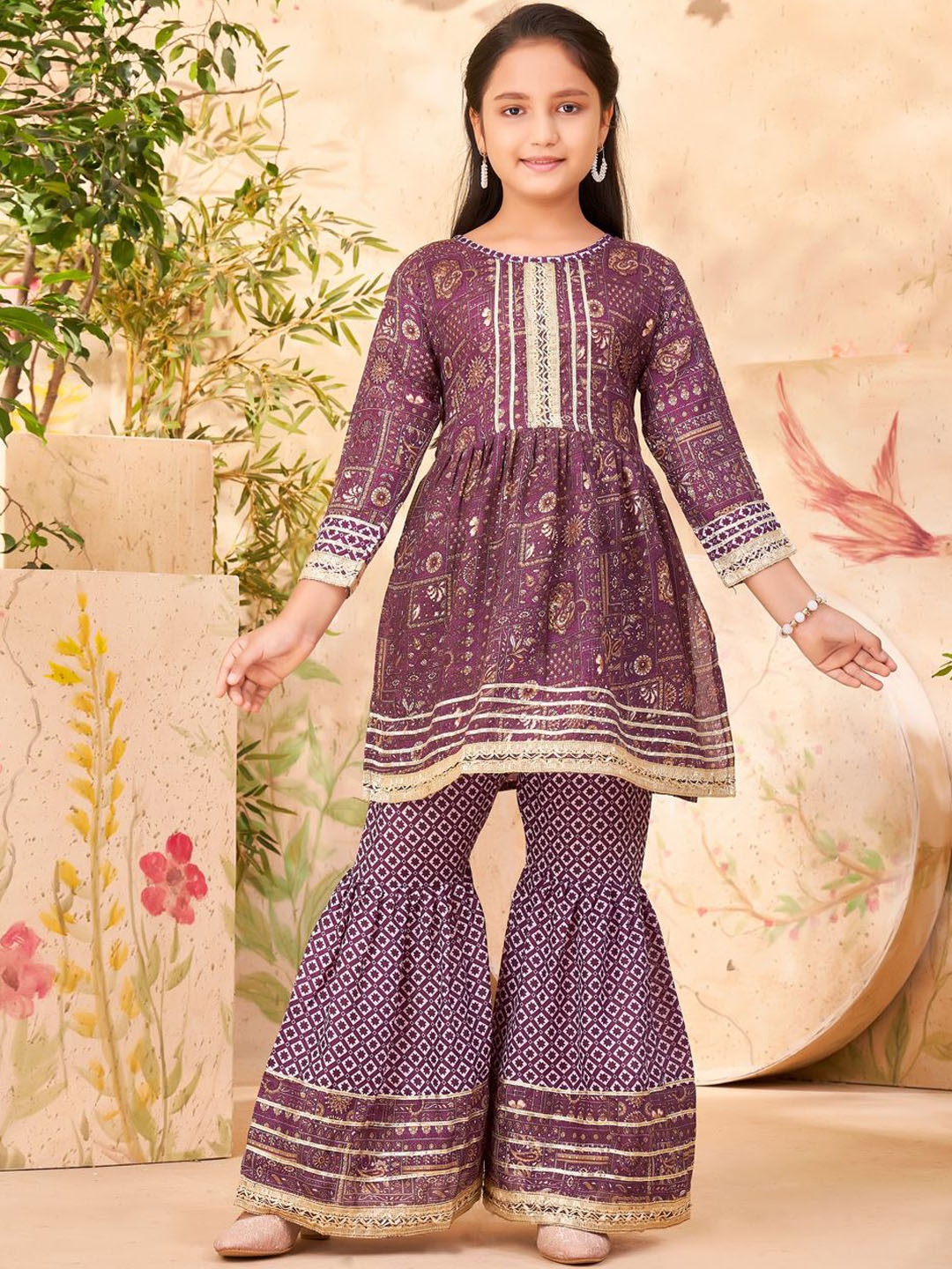 

BAESD Girls Ethnic Motifs Printed Gotta Patti A-Line Kurta With Sharara, Purple