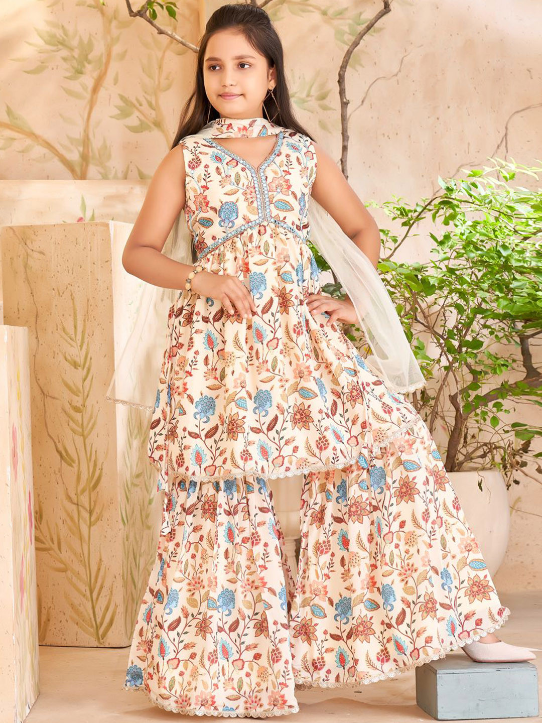 

BAESD Girls Floral Printed Mirror Work Pure Silk Kurta With Sharara & Dupatta, Beige