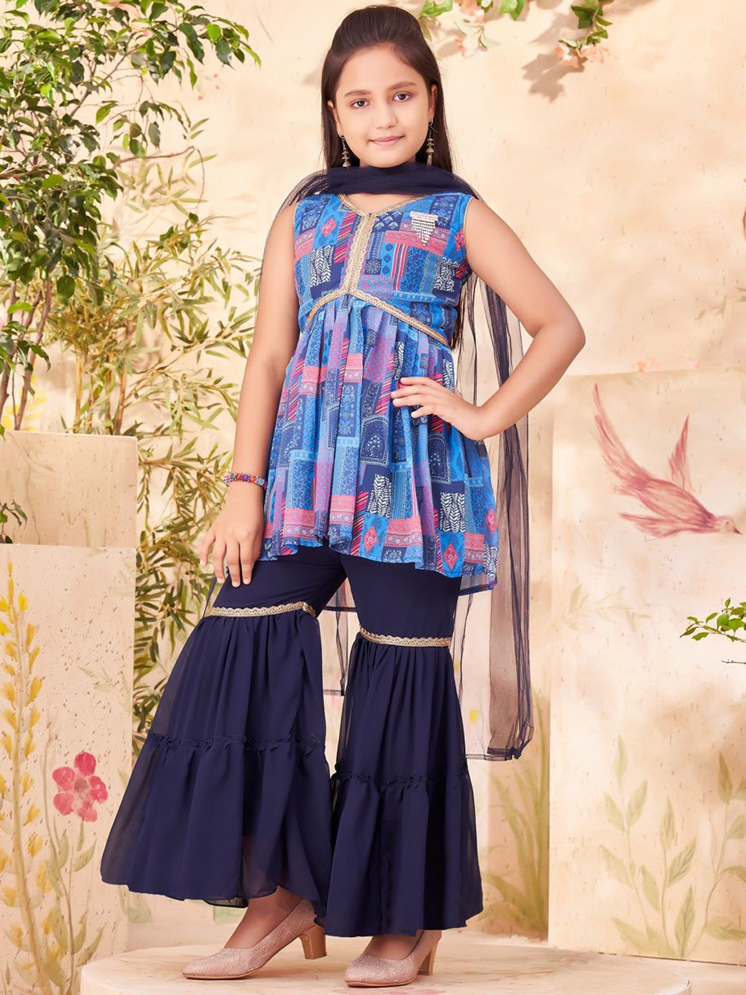 

BAESD Girls Ethnic Motifs Printed V-Neck Gotta Patti A-Line Kurta With Sharara & Dupatta, Blue