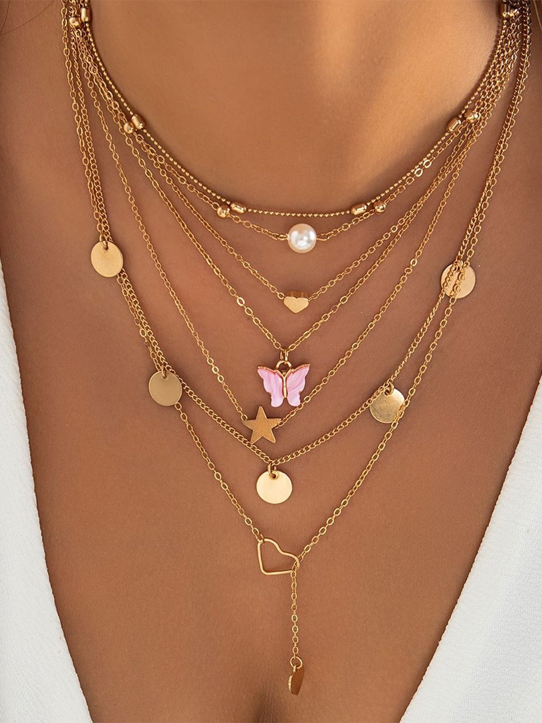 

Jewels Galaxy Set Of 7 Gold-Plated Stone Studded & Beaded Brass Layered Necklace