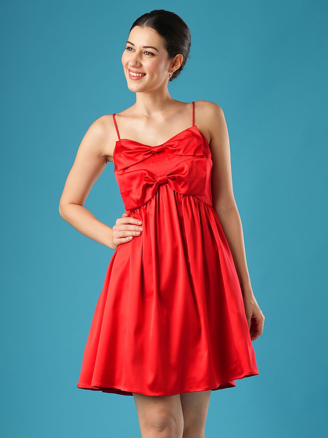 

Globus Shoulder Straps Bow Detail A-Line Dress, Red