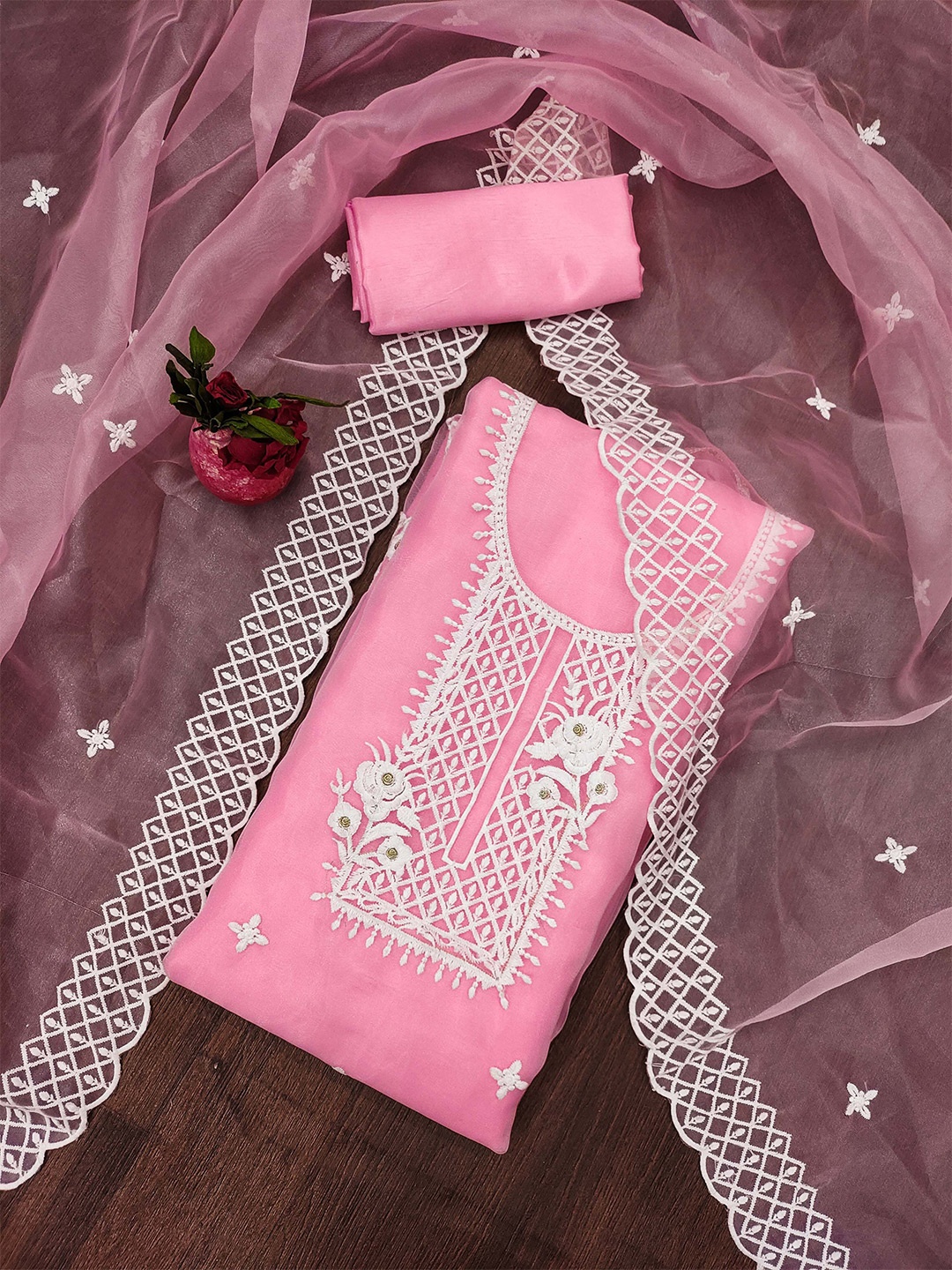 

KALINI Floral Embroidered Organza Unstitched Dress Material, Pink