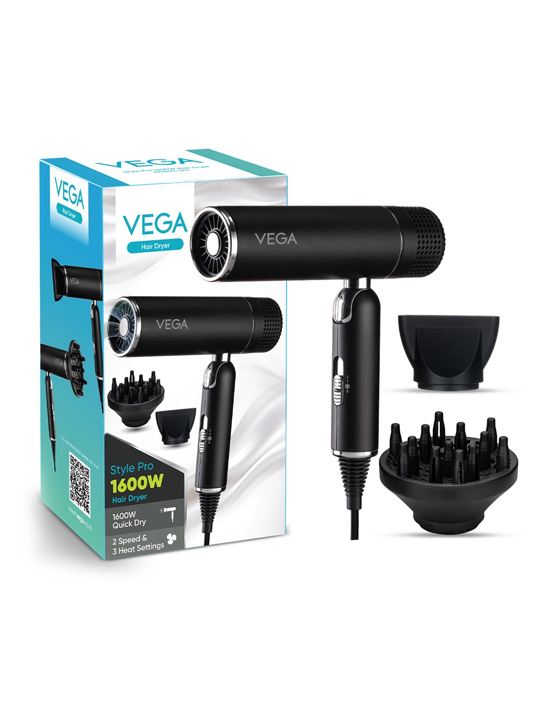

VEGA VHDH-34 Style Pro 1600W Hair Dryer with 2X Faster Drying & 3 Speed Setting - Black