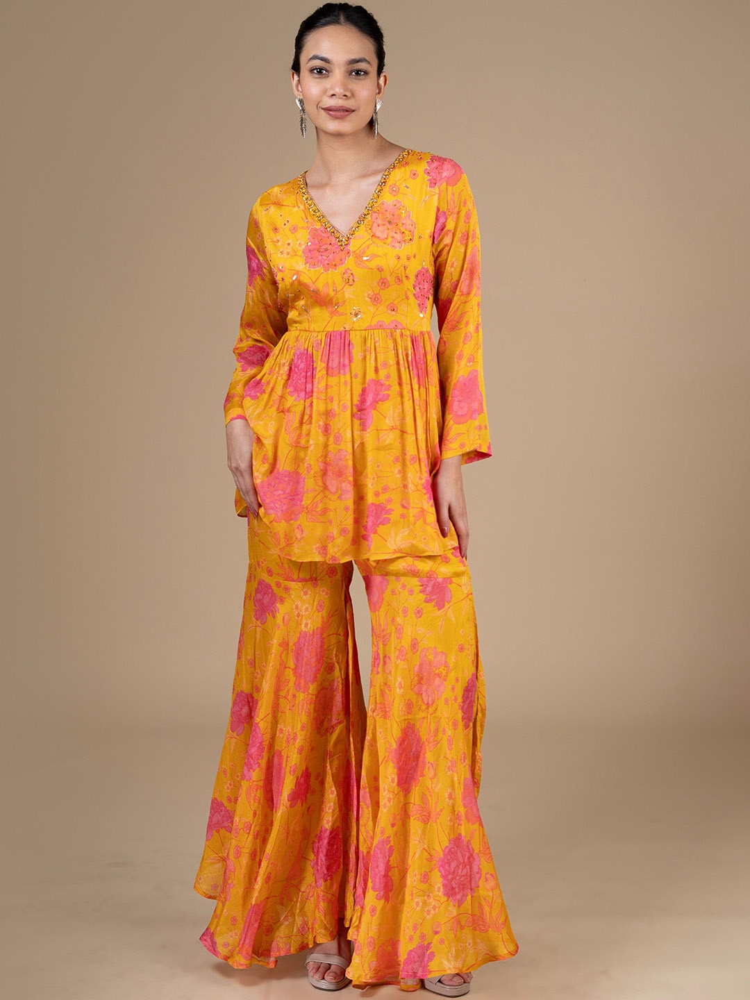 

House Of Dharaa Floral Printed Tunic With Sharara, Yellow