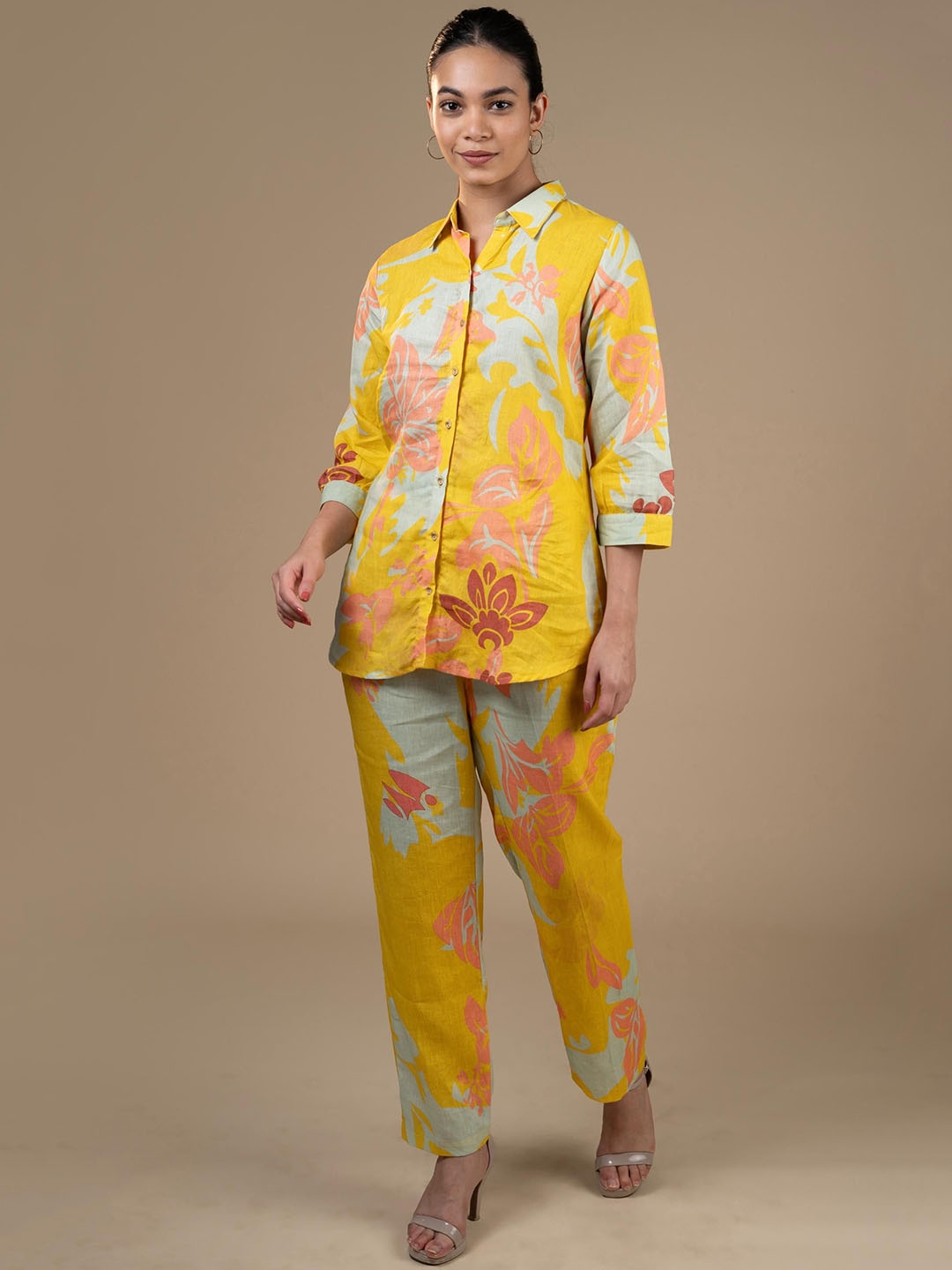

House Of Dharaa Printed Linen Shirt With Trousers, Yellow
