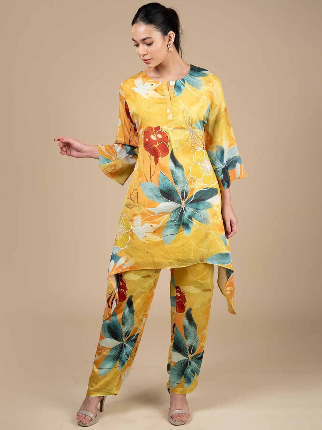 

House Of Dharaa Floral Printed Tunic With Trouser, Yellow