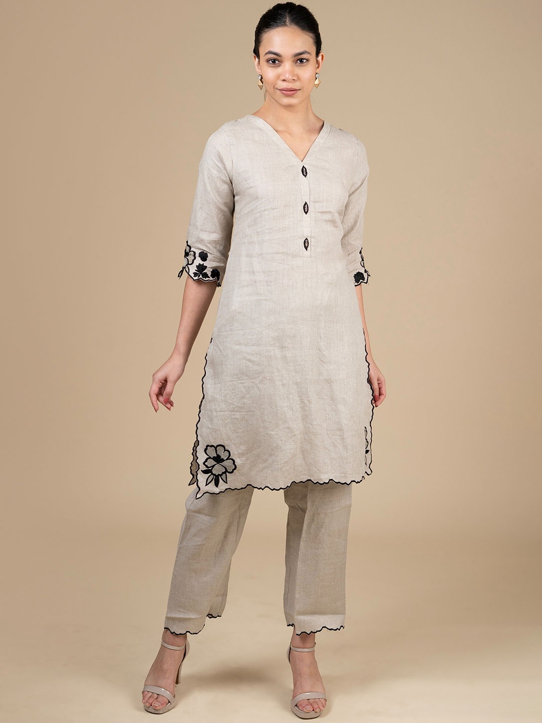 

House Of Dharaa Linen Tunic With Palazzos, Cream