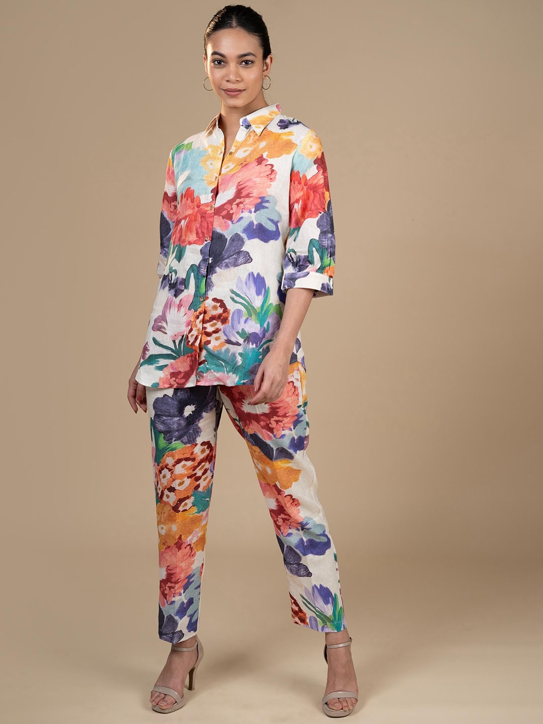 

House Of Dharaa Floral Printed Linen Shirt & Trousers, White