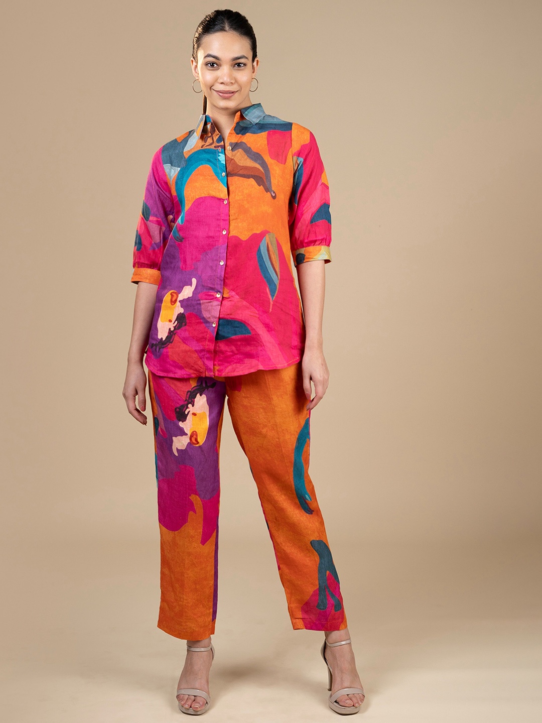 

House Of Dharaa Printed Linen Shirt With Trouser, Pink