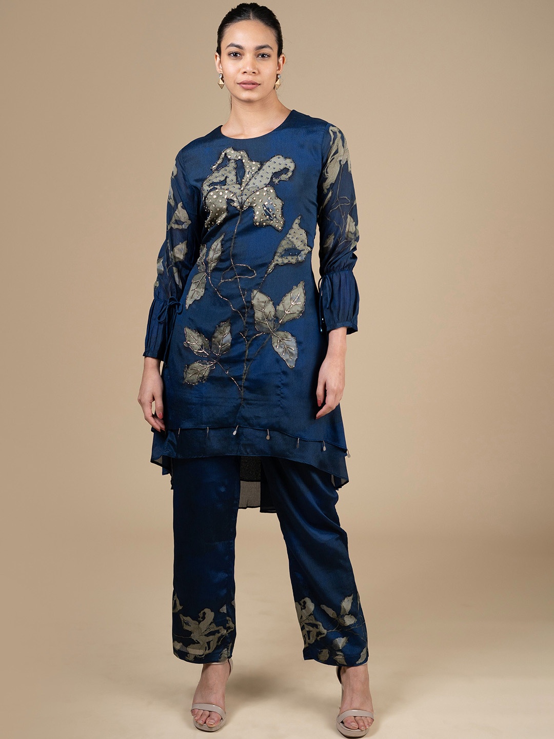 

House Of Dharaa Embellished Tunic With Palazzo, Navy blue