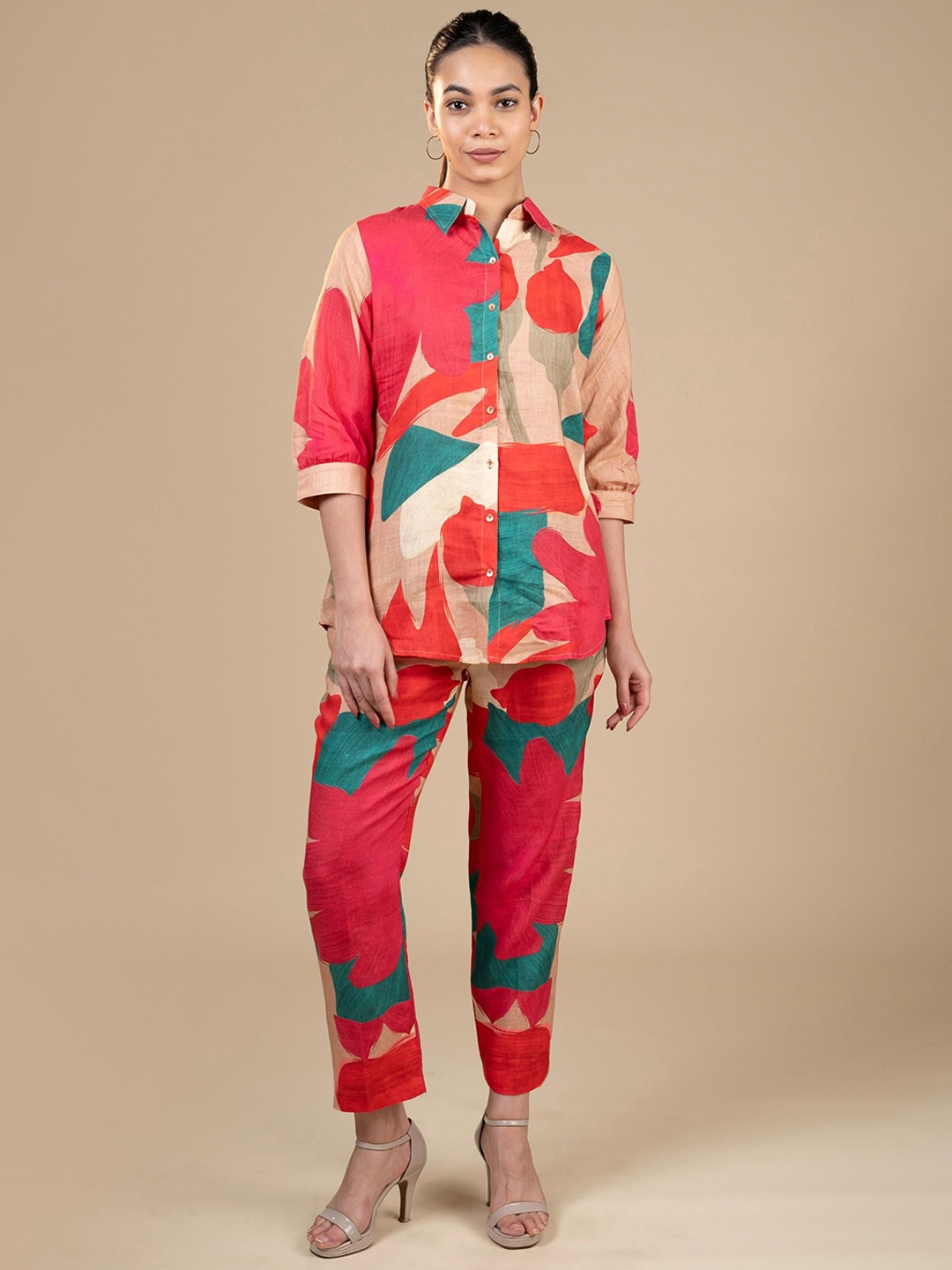 

House Of Dharaa Printed Linen Shirt & Trousers, Red