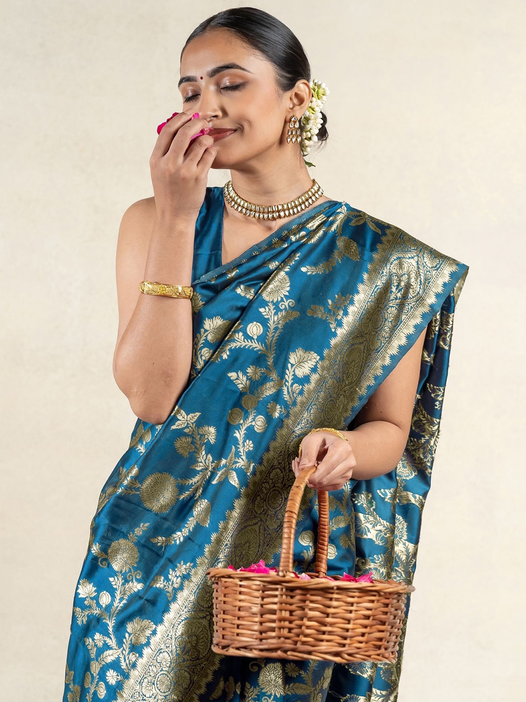 

Subham Ethnic Motif Zari Woven Saree with Blouse, Blue