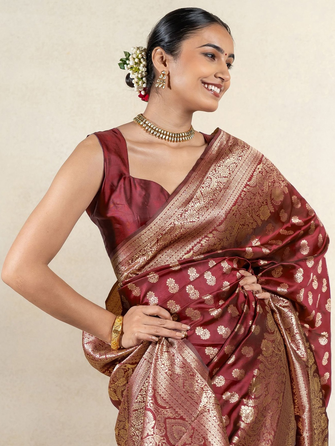 

Subham Ethnic Motif Zari Woven Saree with Blouse, Maroon