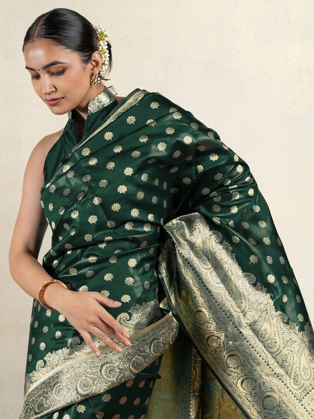 

Subham Ethnic Motif Zari Woven Saree with Blouse, Green