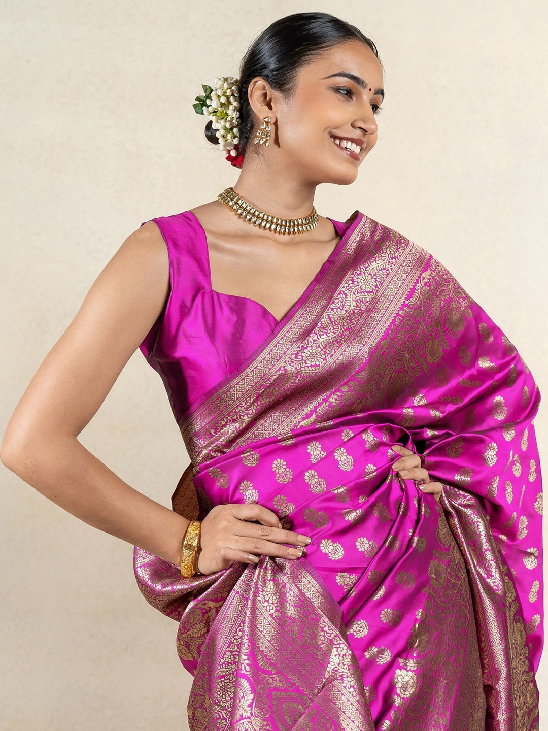 

Subham Ethnic Motif Zari Woven Saree with Blouse, Pink