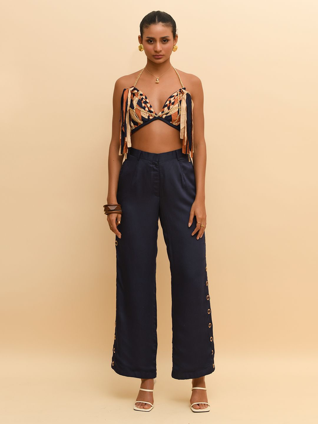 

R.Y by Rishi and Vibhuti Women Fringed Crepe Crop Top, Blue