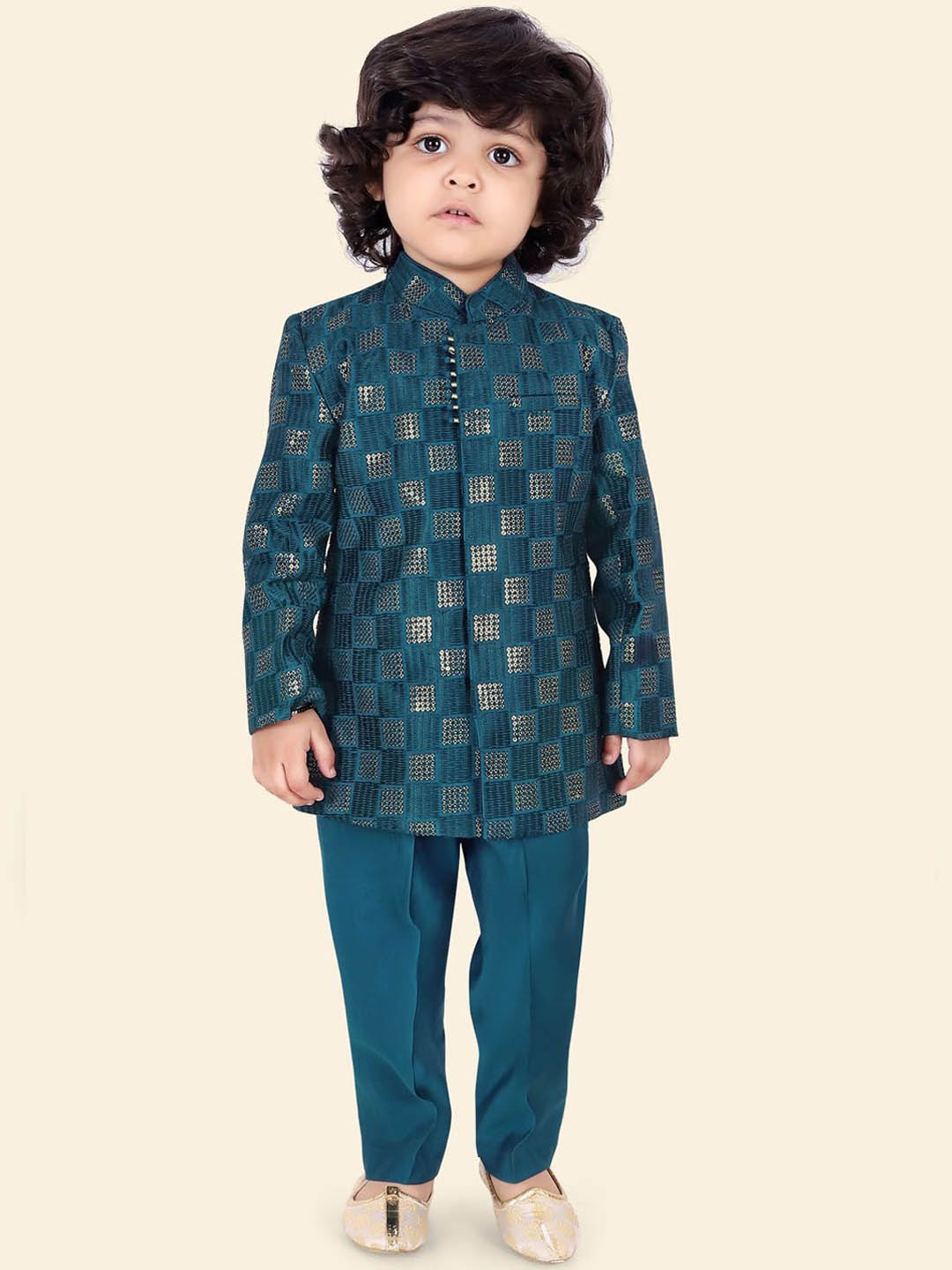 

Ethniks Neu-Ron Boys Embroidered Mandarin Collar Sequinned Silk Chiffon Kurta with Pyjamas, Teal