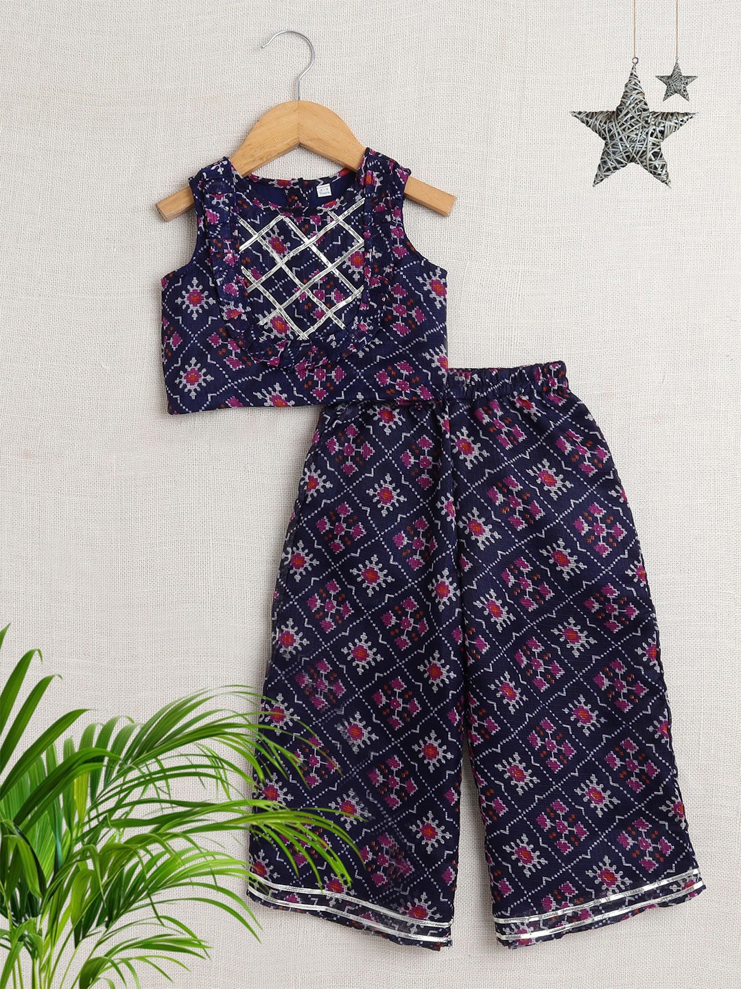 

The Magic Wand Girls Printed Top with Palazzos, Navy blue