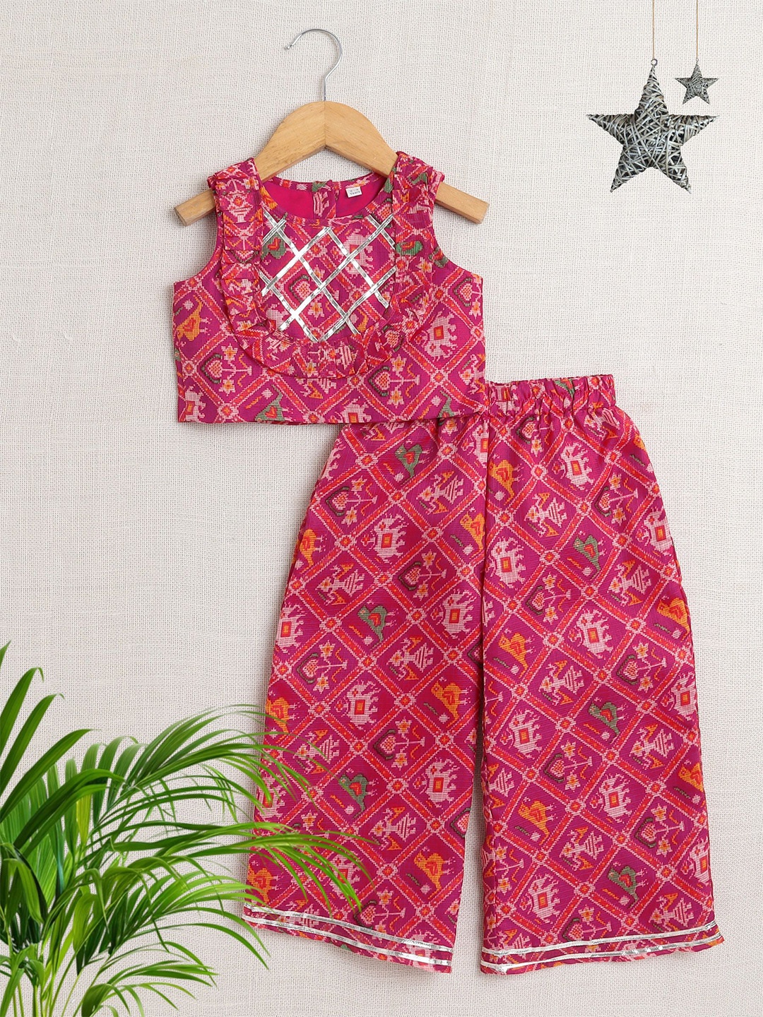 

The Magic Wand Girls Printed Top with Palazzos, Fuchsia