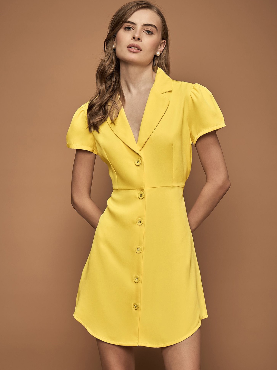 

URBANGRACE BY KASSUALLY Women Solid Formal Above Knee Short Sleeves Shirt Dress, Yellow