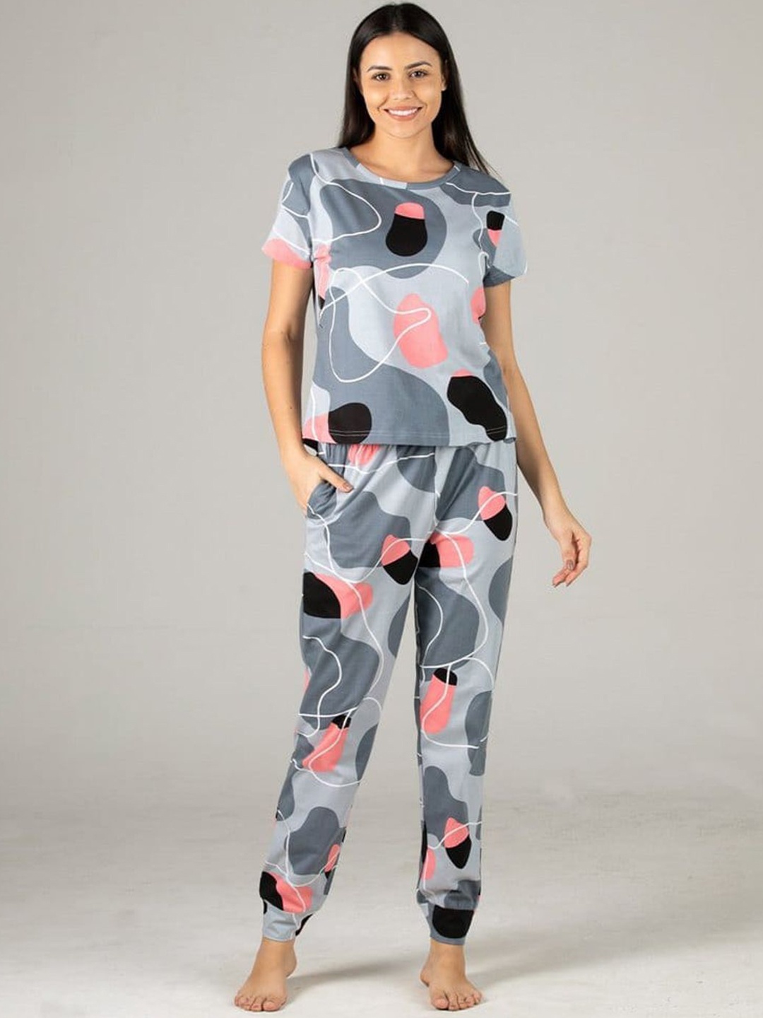 

BAESD Abstract Printed Round Neck T-shirt & Pyjamas, Grey
