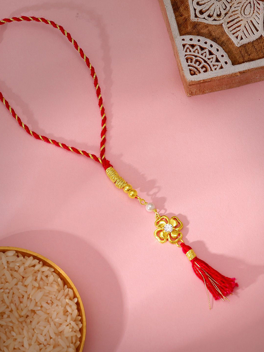 

GIVA 925 Silver Beaded Thread Rakhi With Roli Chawal, Gold