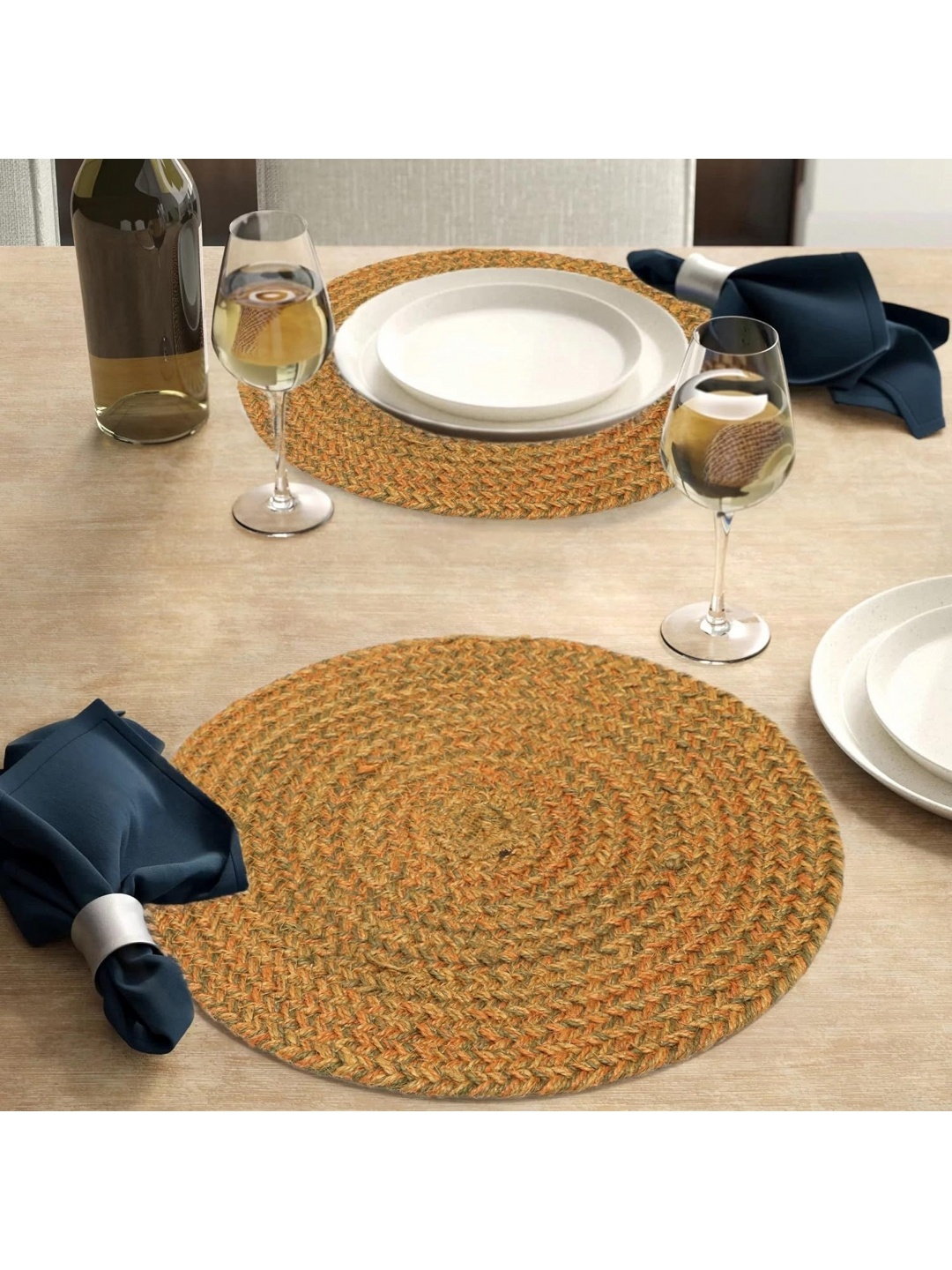 

THE HOME TALK Brown 2 Pieces Textured Jute Round Table Placemats