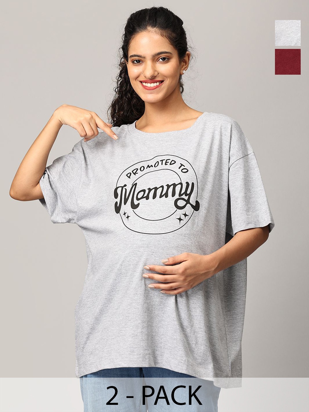 

The Mom Store Women Typography Printed Round Neck Cotton Oversized T-Shirt, Grey