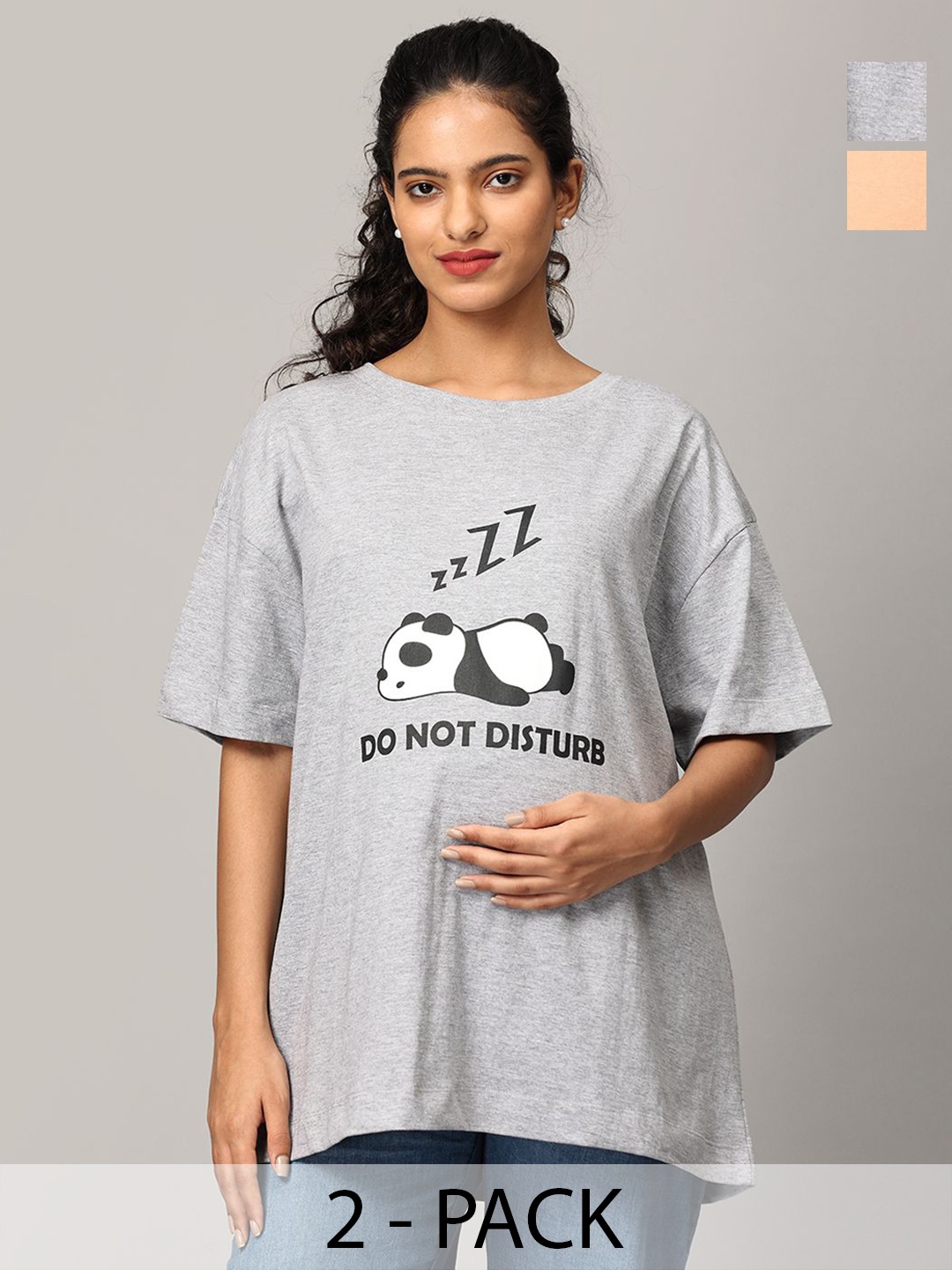 

The Mom Store Women Typography Printed Round Neck Cotton Oversized T-Shirt, Grey