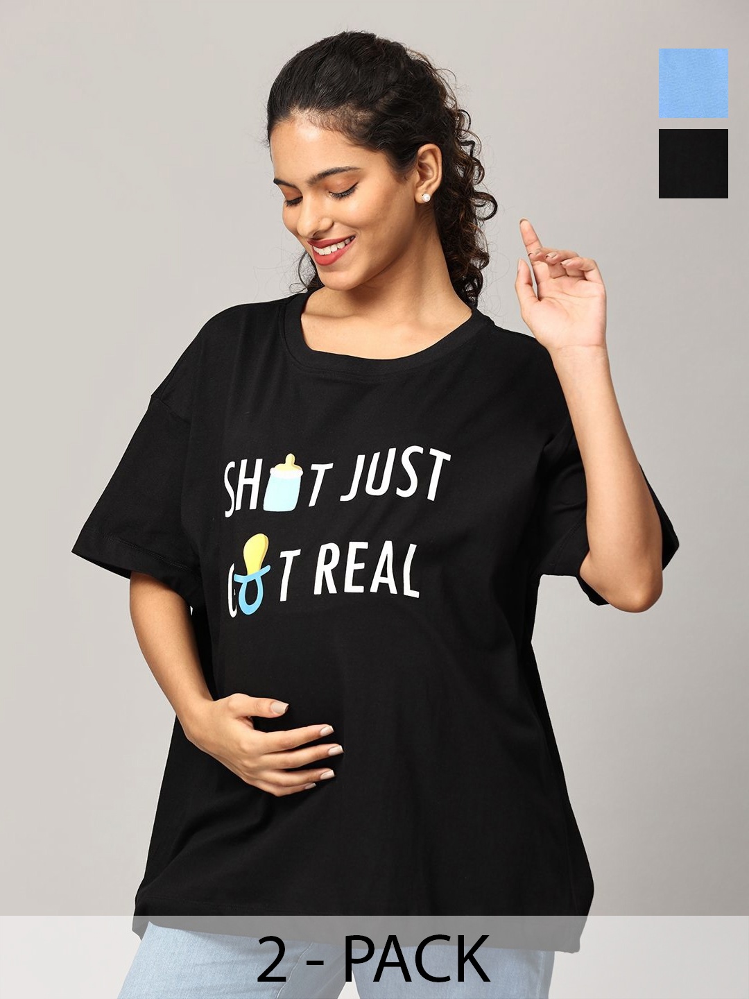 

The Mom Store Women Typography Printed Round Neck Cotton Oversized T-Shirt, Blue