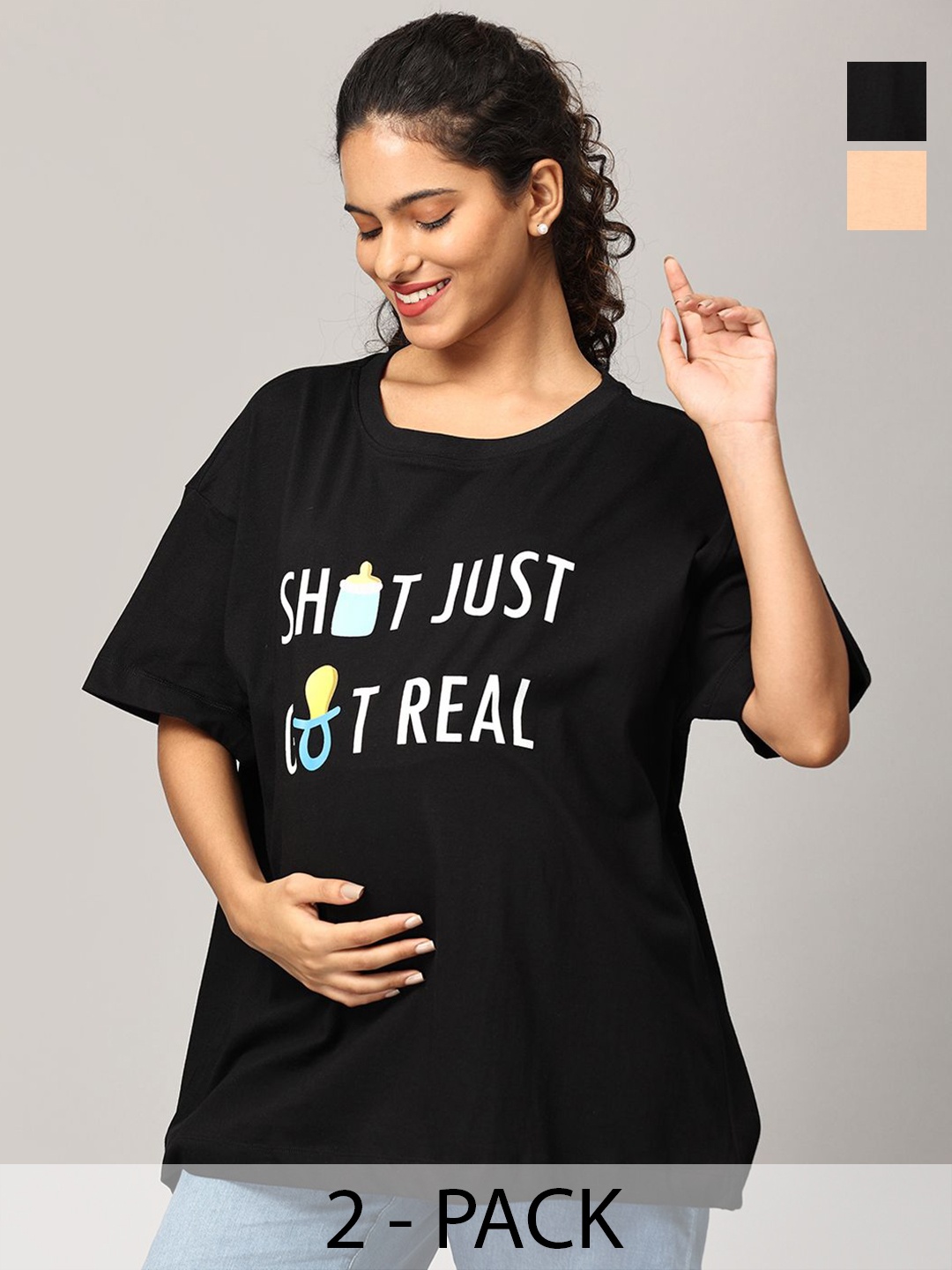 

The Mom Store Women Typography Printed Round Neck Cotton Oversized T-Shirt, Black