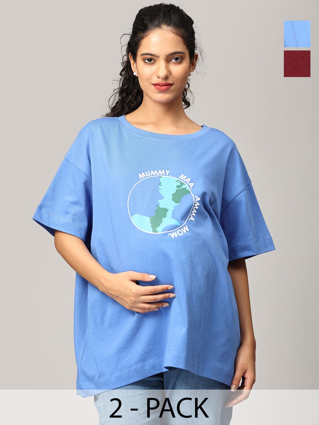 

The Mom Store Women Typography Printed Round Neck Cotton Oversized T-Shirt, Blue