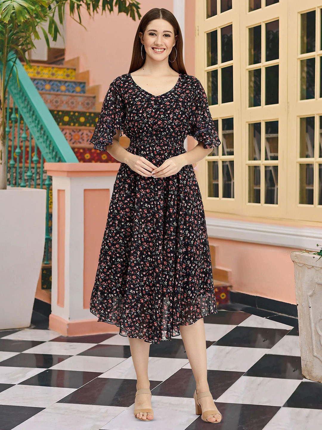 

MISS AYSE Women Floral Print Short Sleeves Fit and Flare Midi Dress, Black