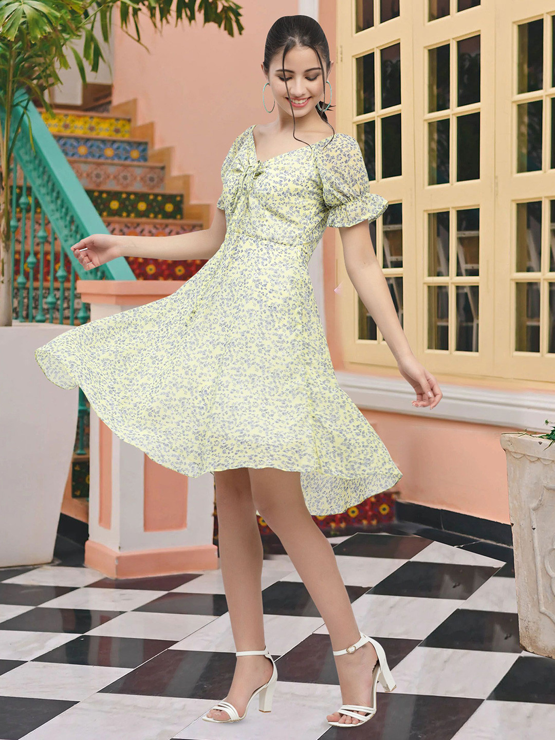 

MISS AYSE Women Floral Print Above Knee Short sleeves V-neck A-Line Dress, Green