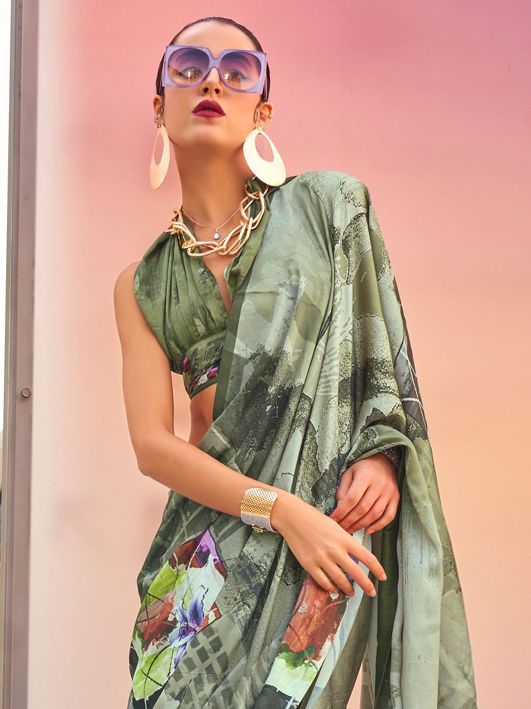 

Anouk Abstract Block Print Saree, Sea green