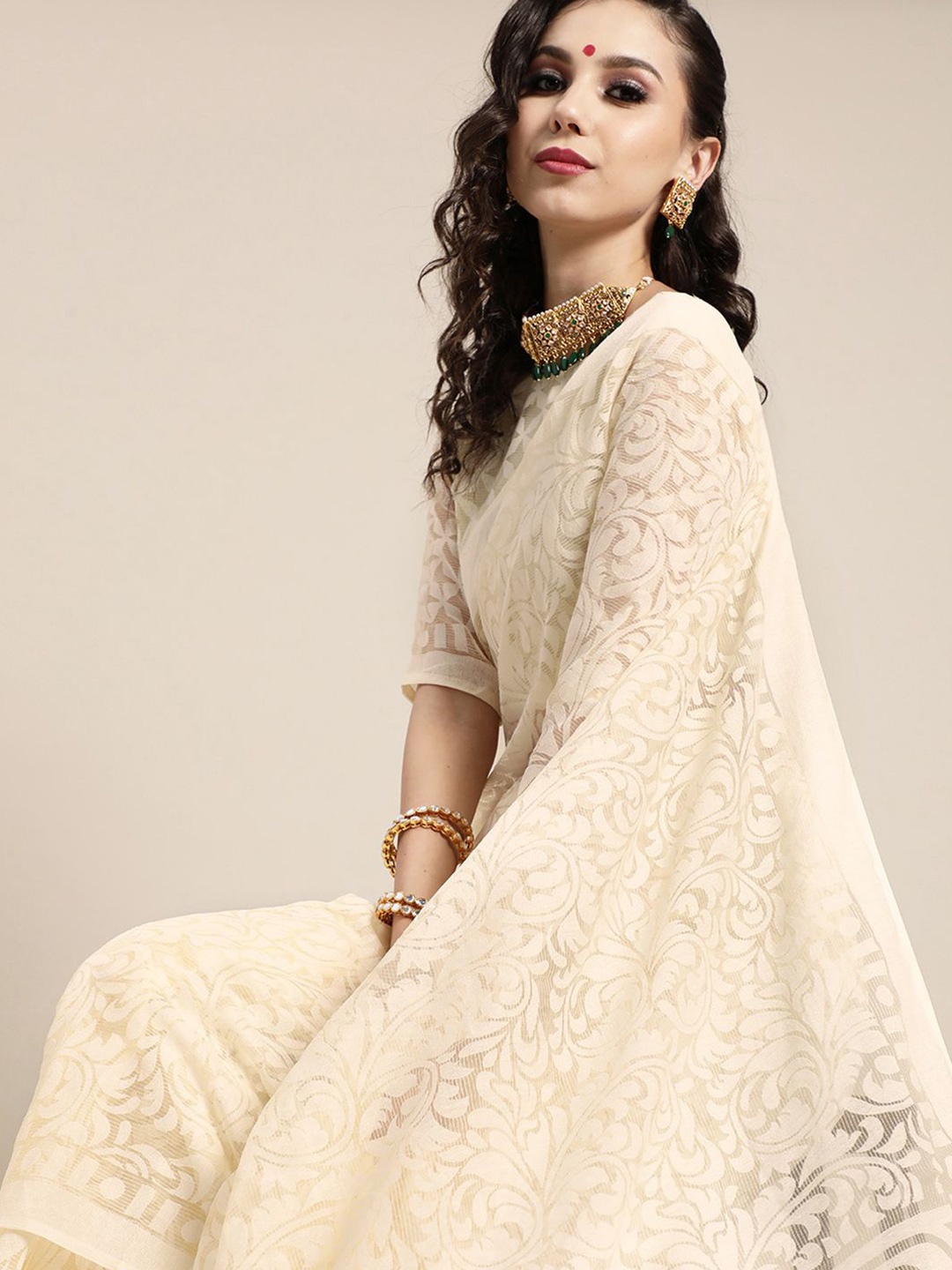 

Anouk Rustic Floral Brasso Chanderi Saree, Off white