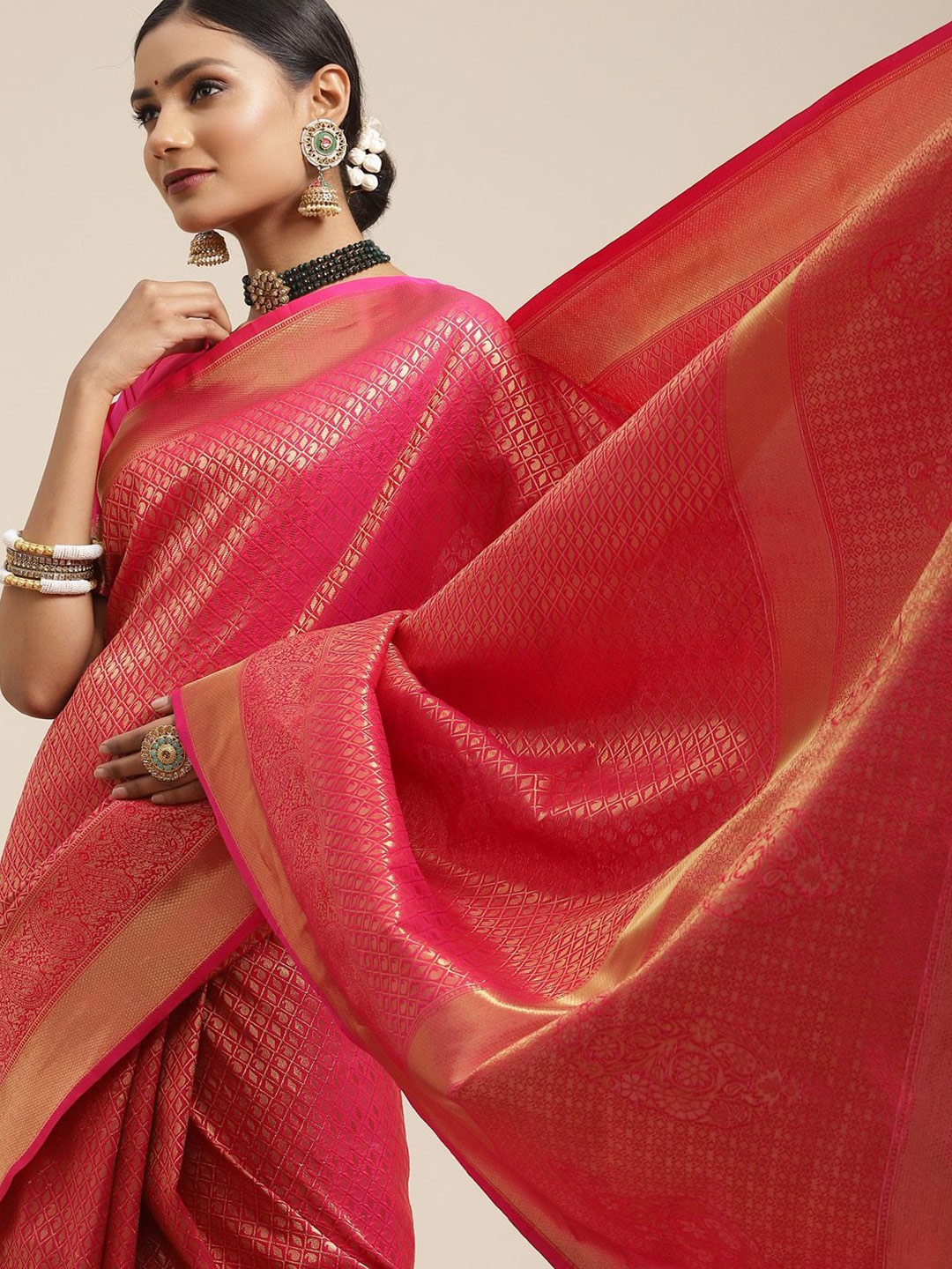 

Anouk Ethnic Motifs Zari Kanjeevaram Saree, Pink