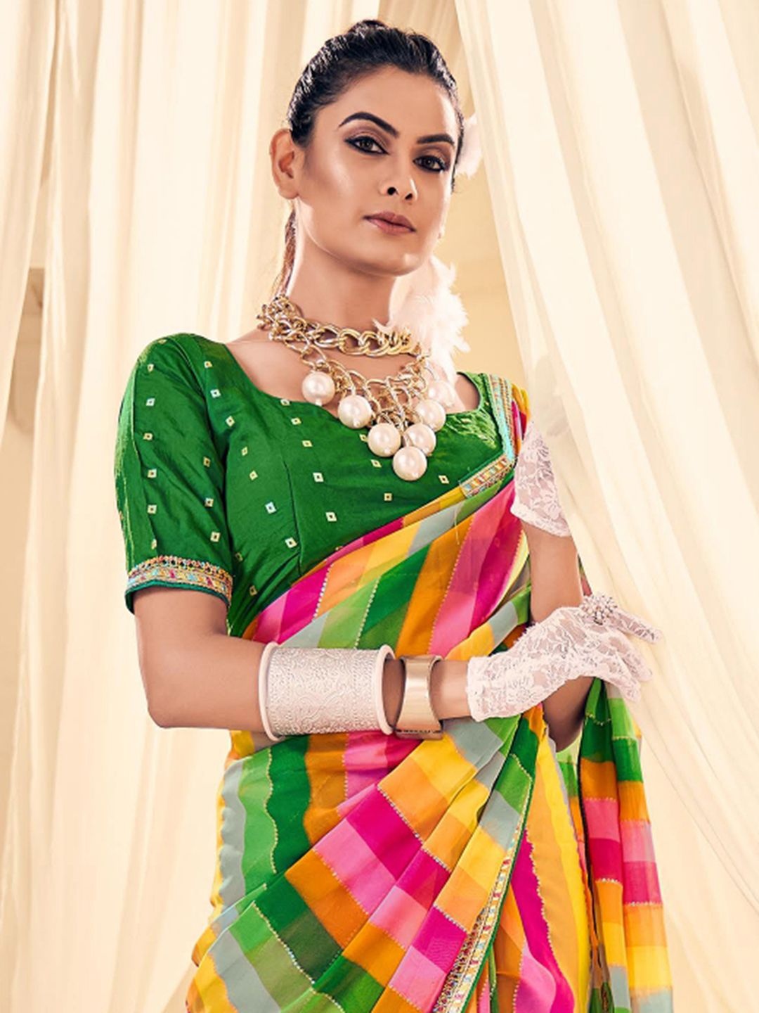 

Anouk Striped Sequinned Leheriya Saree, Green