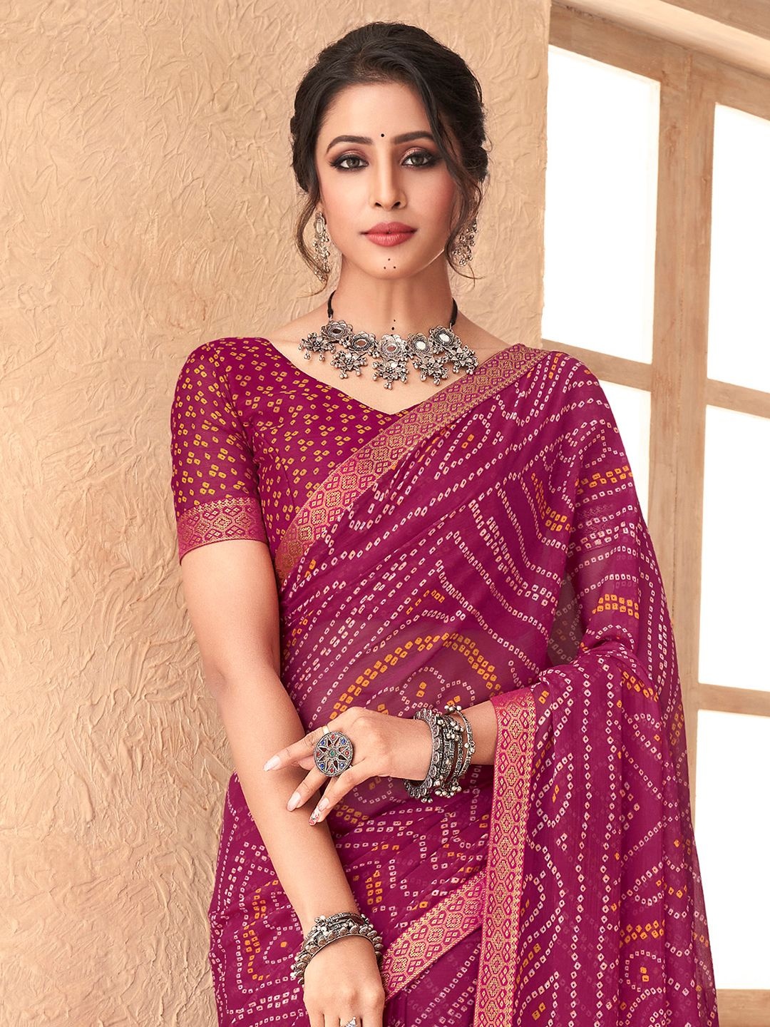 

Anouk Rustic Zari Bandhani Saree, Magenta