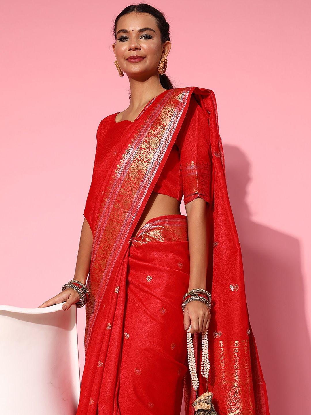

Anouk Ethnic Motifs Zari Banarasi Saree, Red