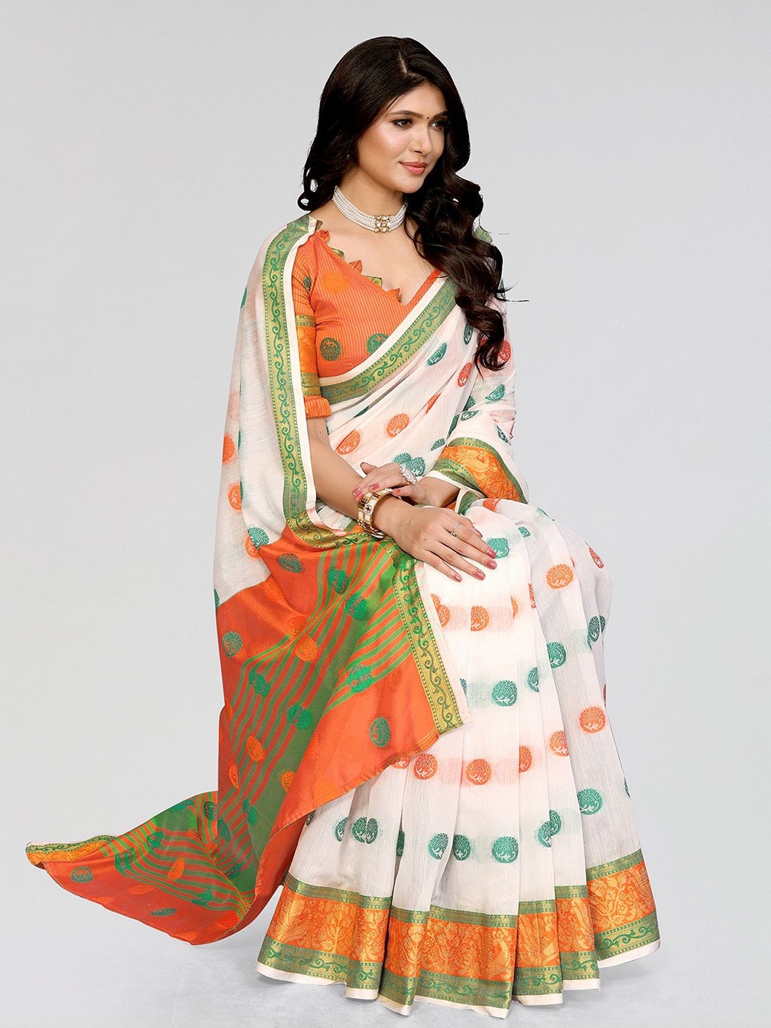 

KALINI Woven Design Zari Saree, Orange