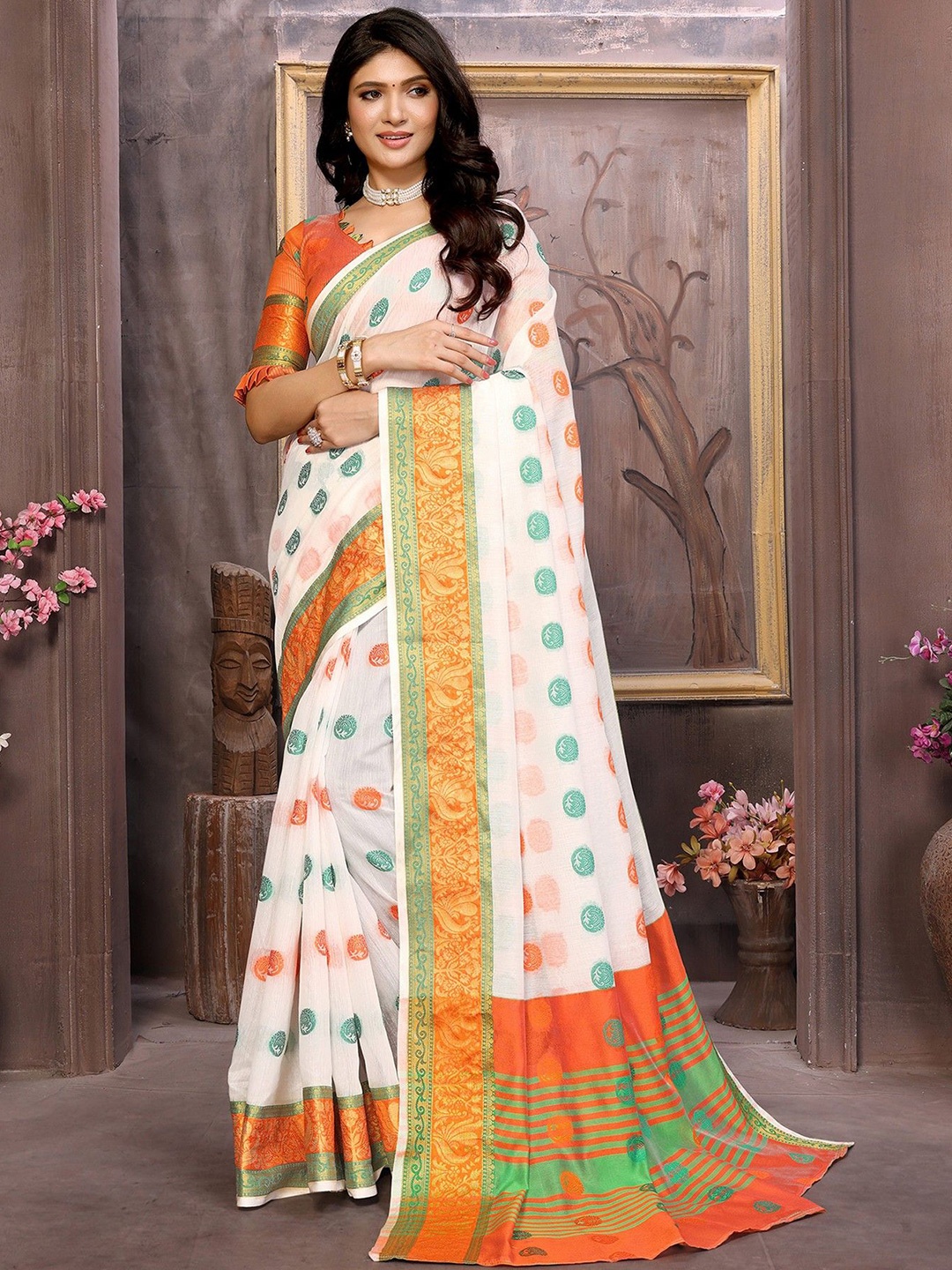 

KALINI Ethnic Motifs Zari Saree, Orange